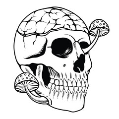 Skull mushroom hand draw vector coloring page black and white