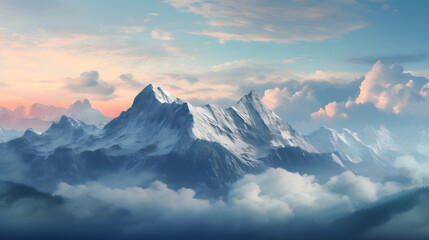 Experience the magic of twilight in the mountains with this highly detailed shot. The soft, diffused light creates a dreamlike atmosphere, highlighting the rugged contours of the peaks.