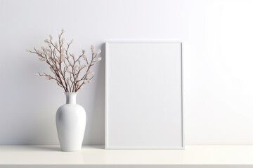 A white frame stands on a table with a vase and branches