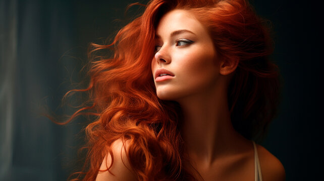 beautiful red haired woman with long curly hair.