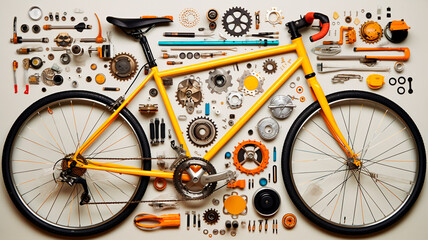 bicycle repair service on a wooden background - obrazy, fototapety, plakaty