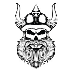 A Viking skull skeleton warrior or barbarian gladiator man mascot face looking strong wearing a helmet. In a retro vintage woodcut style. 