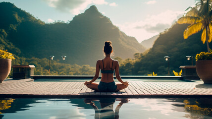 woman meditating near the pool in tropical resort - obrazy, fototapety, plakaty