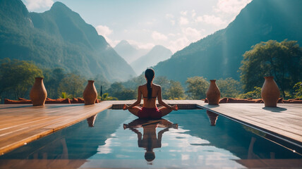 woman meditating near the pool in tropical resort