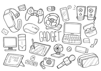 Gadgets Computer Tools Traditional Doodle Icons Sketch Hand Made Design Vector.