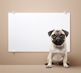 A pug dog sitting in front of a blank sign