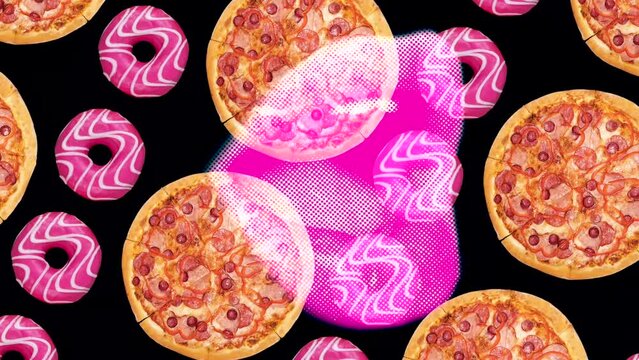 Modern trendy background with open mouth or lips on pink donuts and pizzas pattern background. animation graphics looping background. animated collage. Fashion concept.