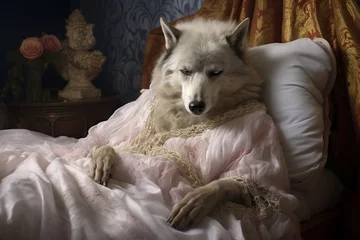 Foto op Canvas wolf pretending to be grandma in bed, little red ridinghood theme © World of AI