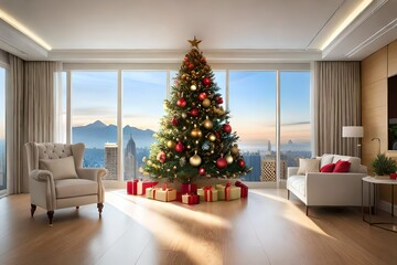 Christmas tree decorations in the modern living room generated by AI tool 