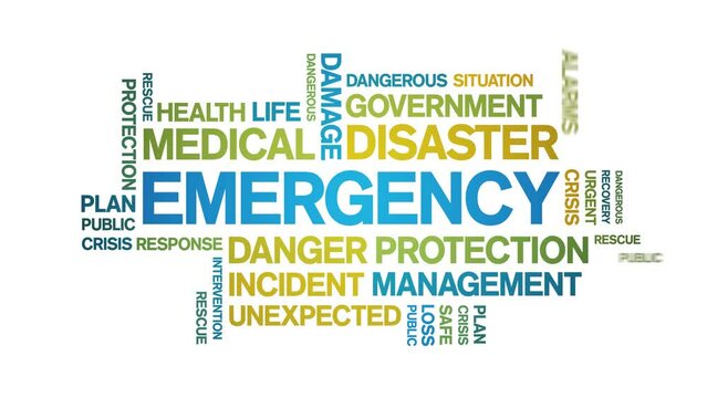 Emergency animated tag word cloud;text design animation kinetic typography seamless loop.