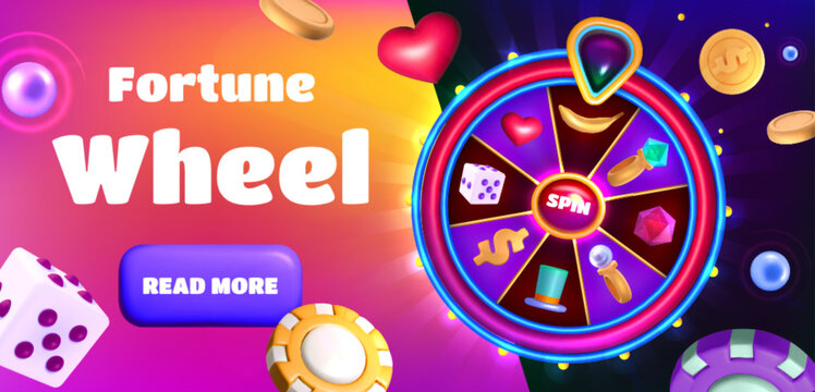 Spinning fortune wheel landing page. 3d lucky casino roulette with golden coins and diamond, prize icons, heart, magic hat and gem glow elements. Win banner vector illustration.