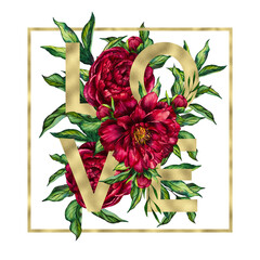 Word love with red peonies and leaves. Gold letters in flowers peony - 652256914