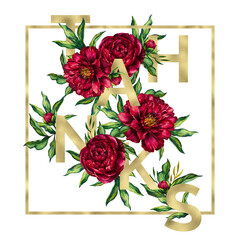 Word thank you with red peonies and leaves. Gold letters in flowers peony - 652256991