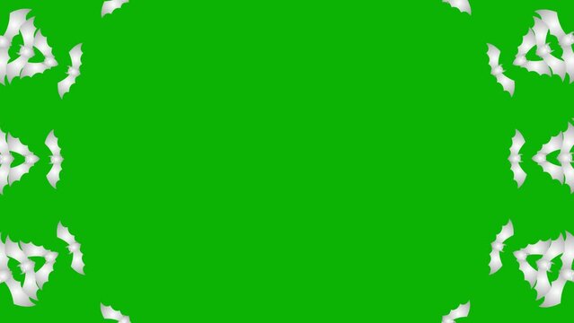 Animated silver bats fly out from center of screen. Looped video. Concept of Halloween, Black Friday. Flat vector illustration isolated on a green background.