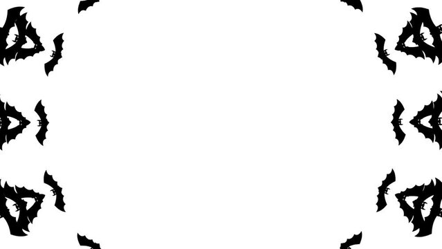 Animated black bats fly out from center of screen. Looped video. Concept of Halloween, Black Friday. Flat vector illustration isolated on a white background.