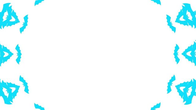 Animated blue bats fly out from center of screen. Looped video. Concept of Halloween, Black Friday. Flat vector illustration isolated on a white background.