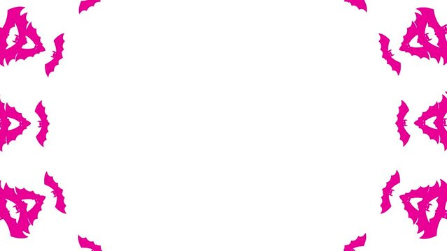 Animated magenta bats fly out from center of screen. Pink symbol of Halloween. Looped video. Concept of Halloween, Black Friday. Flat vector illustration isolated on a white background.