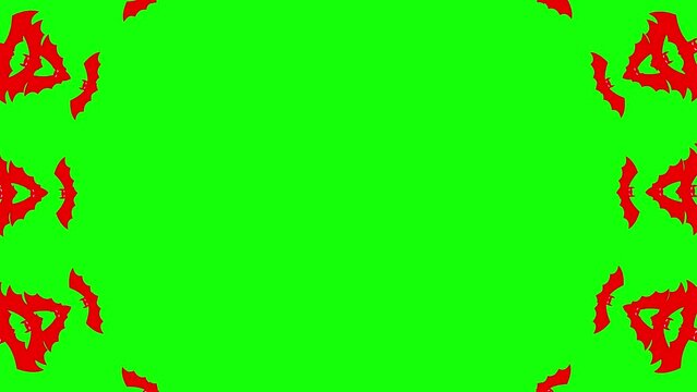 Animated red bats fly out from center of screen. Looped video. Concept of Halloween, Black Friday. Flat vector illustration isolated on a green background.