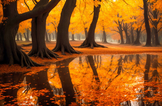 Wallpaper of the image of trees with yellowed leaves in autumn reflected in the water. Generative AI