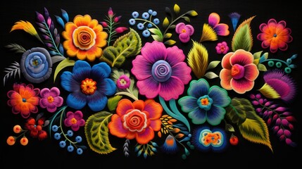 Textile woven flowers. Latin Hispanic Mexican fabric. Traditional folklore concept.