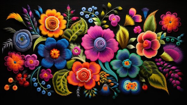 Textile Woven Flowers. Latin Hispanic Mexican Fabric. Traditional Folklore Concept.