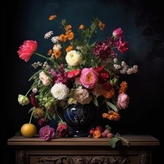 Obraz na płótnie Canvas Flower Still Life Bouquet in Vintage Vase, Ancient Dutch Masters Imitation, Abstract Generative AI Illustration
