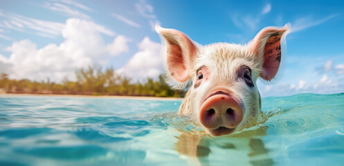 wild pig swimming in the ocean in Bahamas. banner with copy space - obrazy, fototapety, plakaty