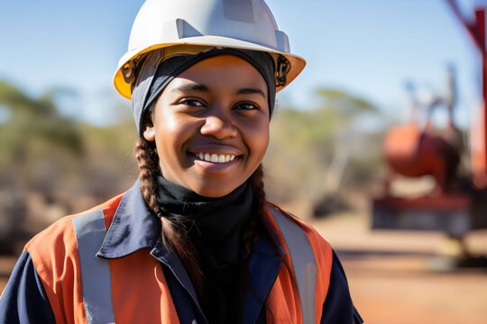 portrait of smiling poc young female engineer on site wearing hard hat, high vis vest, and ppe	