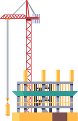 Construction process. Urban residential house building. Industrial crane. City architecture. Concrete foundation. Unfinished skyscraper. Housing development. Real estate. Vector concept