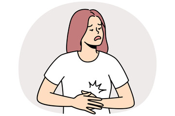 Unhealthy young woman suffer from acute stomachache. Unwell female struggle with belly pain or spasm. Healthcare. Vector illustration.