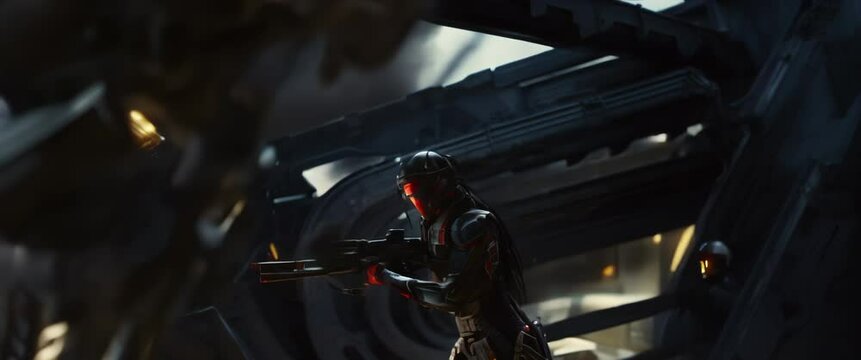 Portrait of cyberpunk female soldier of future in futuristic combat armour suit guards entrance to spaceship. Cyberpunk, dystopian. Anamorphic 4k footage