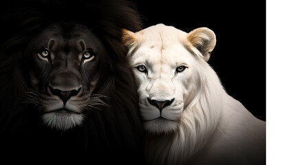 Close up portrait of a black lion and white lioness on black background