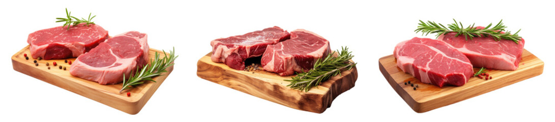Collection of fresh, raw, red beef meat on a transparent background. PNG, cutout, or clipping path.