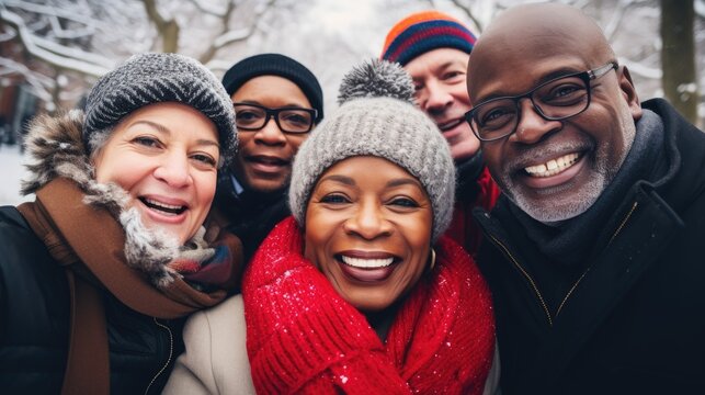 Senior friends taking selfie in winter