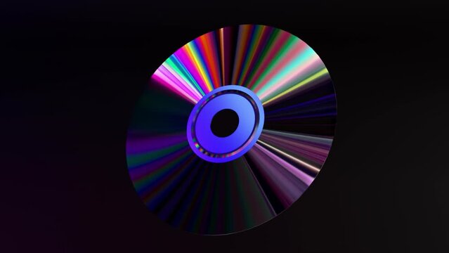 Abstract concept. The CD DVD spins on a black background. Rainbow. Blue neon color. 3D animation