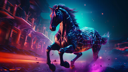 Cyber horse stallon riding virtual reality neon lights - obrazy, fototapety, plakaty