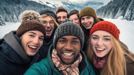 Multicultural friends taking selfie in winter