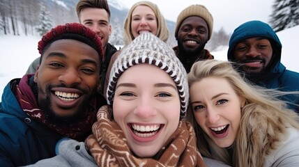 Multicultural friends taking selfie in winter - obrazy, fototapety, plakaty