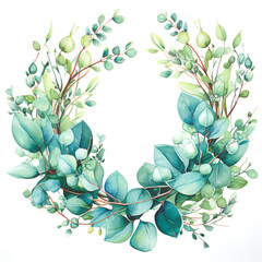Floral wreath.Garland of a eucalyptus branches.Frame of a herbs.Watercolor hand drawn illustration.It can be used for greeting cards, posters, wedding cards