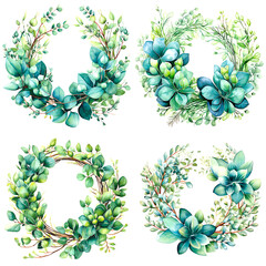 Floral wreath.Garland of a eucalyptus branches.Frame of a herbs.Watercolor hand drawn illustration.It can be used for greeting cards, posters, wedding cards