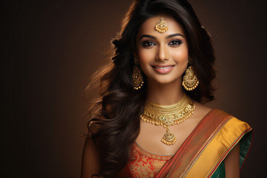 beautiful indian woman in saree and jewelry smiling