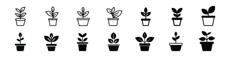 Obrazy na Plexi  Flowerpot flat icon. Pictogram for web. Line stroke. Plant pot line outline icon, Potted plant icon. With outline, glyph, and filled outline styles, Plant in pot simple line vector icon. flower pot