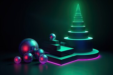 Creative neon design of  party background with Christmas tree. Template for advertising, web, social media and fashion ads. Poster, flyer, greeting card. AI generative