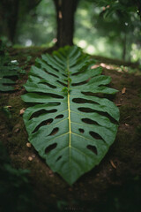 Big green leaf in a jungle, on the ground.