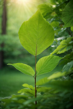 Green leaves in a natural environment, the back light highlights the leaves and their veins.