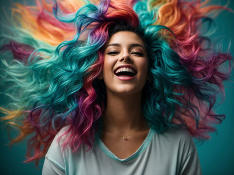 Happy young woman with hair dyed in many colors, laughs and screams with joy, short medium shot. Circular gradient background from behind the model in turquoise blue.