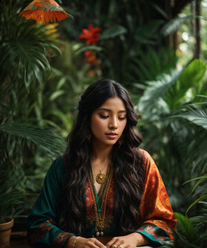 A woman with long, dark hair and delicate features sits, surrounded by a jungle of exotic plants. The vibrant colors and intricate patterns of her traditional clothing.