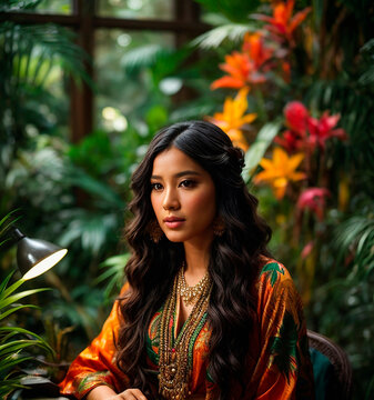 A woman with long, dark hair and delicate features sits, surrounded by a jungle of exotic plants. The vibrant colors and intricate patterns of her traditional clothing.