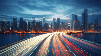 Motion blur of a busy urban highway during the evening rush hour. Dynamic Urban Energy