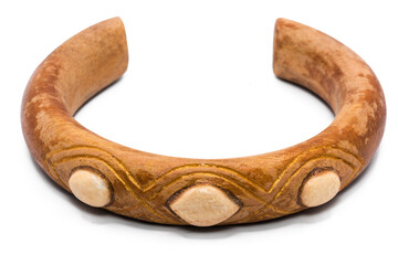 old bangle bracelet made from wooden  isolated on  white background,macro photo,has path